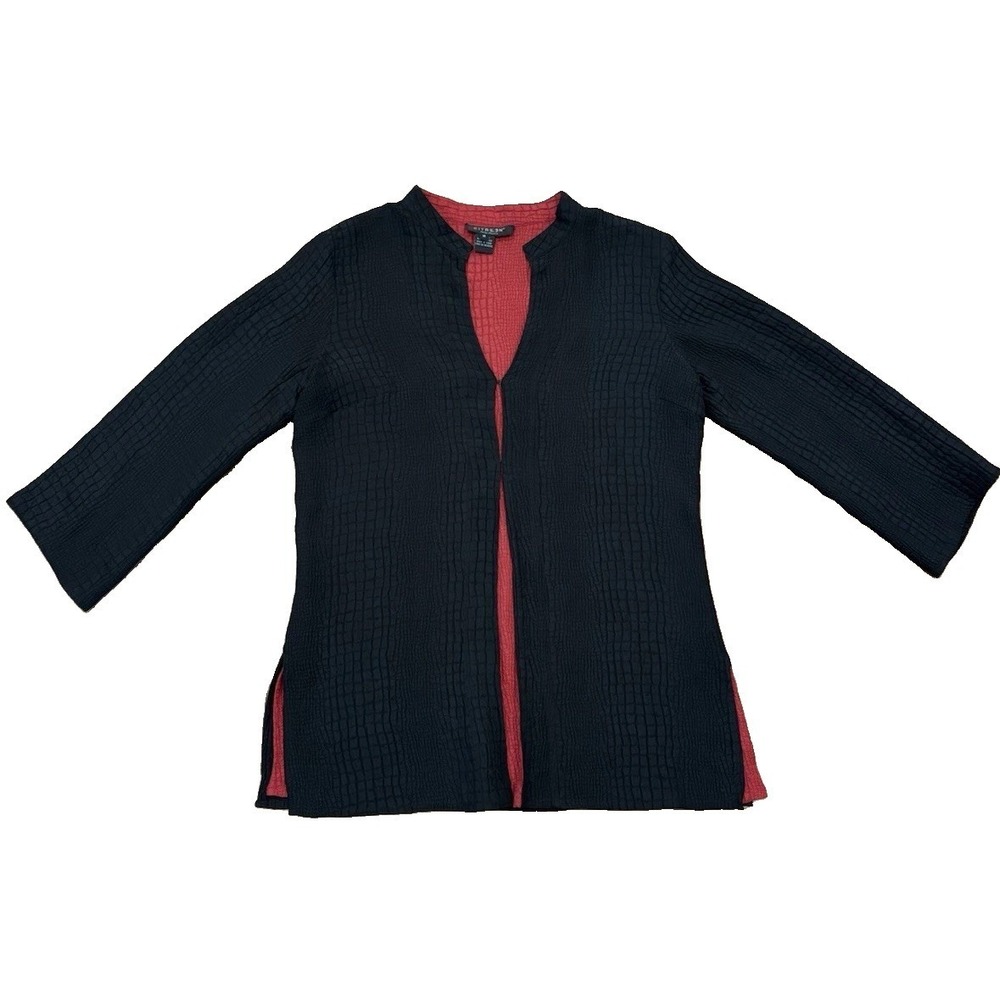 CITRON SANTA MONICA Textured Silk Banded Collar Jacket Black Red Women's M